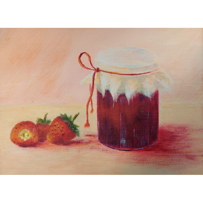 Nature morte au pot de confiture et aux fraises